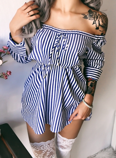 Blue Sexy Striped Off Shoulder Long Sleeve Loose Mini Dress YOUYOUFASHIONEC.com