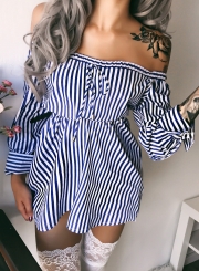 Blue Sexy Striped Off Shoulder Long Sleeve Loose Mini Dress