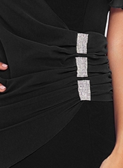 Black Waist Pleated Rhinestone Detail Bodycon Midi Dress