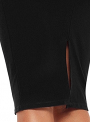 Black Waist Pleated Rhinestone Detail Bodycon Midi Dress