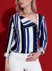 Blue Casual Striped Asymmetric Button Down Shirt