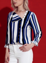 Blue Casual Striped Asymmetric Button Down Shirt