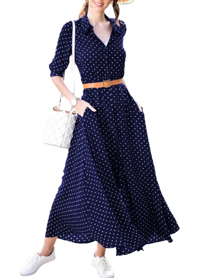 Casual Half Sleeve Button Down Polka Dot Pockets Maxi Dress With Belt YOUYOUFASHIONEC.com