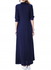 Casual Half Sleeve Button Down Polka Dot Pockets Maxi Dress With Belt