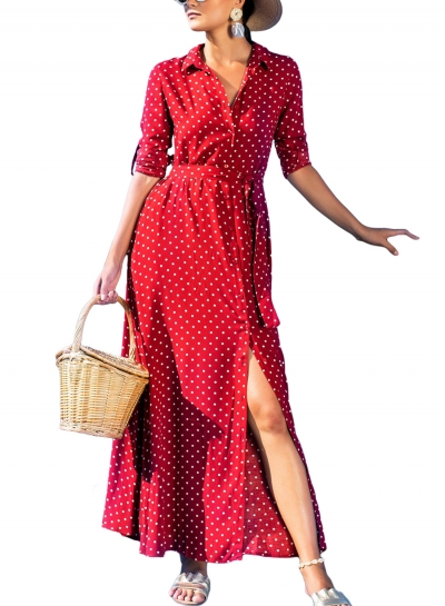 Red Casual Half Sleeve Waist Tie Button Down Slit Polka Dot Maxi Dress YOUYOUFASHIONEC.com