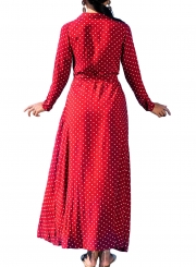 Red Casual Half Sleeve Waist Tie Button Down Slit Polka Dot Maxi Dress