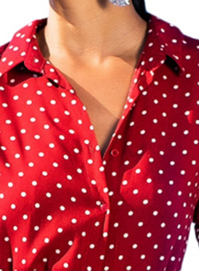 red polka dot button down dress