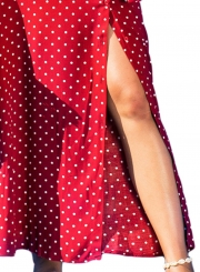 Red Casual Half Sleeve Waist Tie Button Down Slit Polka Dot Maxi Dress