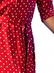 Red Casual Half Sleeve Waist Tie Button Down Slit Polka Dot Maxi Dress