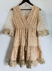 V Neck Half Sleeve Waist Drawstring Embroidered Ruffle Mini Dress
