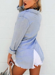 Blue High Low Loose Button Down Shirt