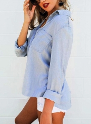 Blue High Low Loose Button Down Shirt
