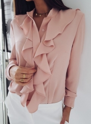 Pink Elegant Long Sleeve Stand Neck Slim Ruffle Button Down Shirt