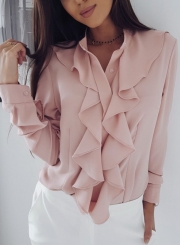 Pink Elegant Long Sleeve Stand Neck Slim Ruffle Button Down Shirt
