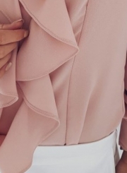 Pink Elegant Long Sleeve Stand Neck Slim Ruffle Button Down Shirt