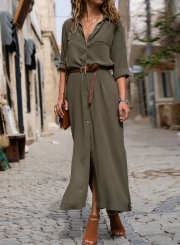 Army Green Casual Slit Button Down Maxi Shirt Dress