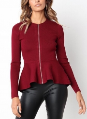 Burgundy Casual Round Neck Long Sleeve Full Zip Slim Blouse