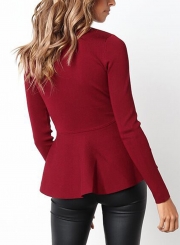 Burgundy Casual Round Neck Long Sleeve Full Zip Slim Blouse