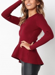 Burgundy Casual Round Neck Long Sleeve Full Zip Slim Blouse