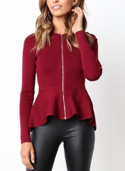 Burgundy Casual Round Neck Long Sleeve Full Zip Slim Blouse