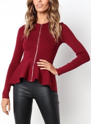 Burgundy Casual Round Neck Long Sleeve Full Zip Slim Blouse