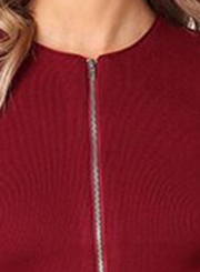 Burgundy Casual Round Neck Long Sleeve Full Zip Slim Blouse