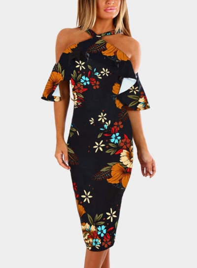 Fashion Slim Floral Printed Short Sleeve Off The Shoulder Dress YOUYOUFASHIONEC.com