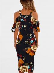 Fashion Slim Floral Printed Short Sleeve Off The Shoulder Dress