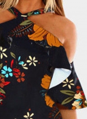 Fashion Slim Floral Printed Short Sleeve Off The Shoulder Dress