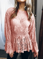 Pink Sexy Long Sleeve Round Neck Lace Hollow Out Blouse