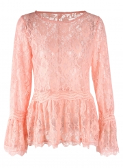 Pink Sexy Long Sleeve Round Neck Lace Hollow Out Blouse