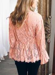 Pink Sexy Long Sleeve Round Neck Lace Hollow Out Blouse