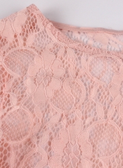 Pink Sexy Long Sleeve Round Neck Lace Hollow Out Blouse