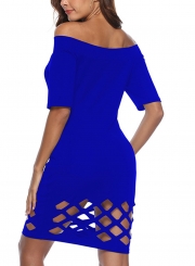 Blue Summer Off Shoulder Half Sleeve Hollow Out Slim Fit Bodycon Mini Dress