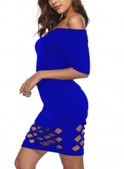 Blue Summer Off Shoulder Half Sleeve Hollow Out Slim Fit Bodycon Mini Dress
