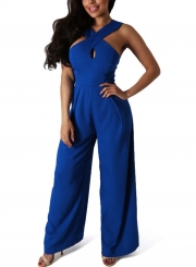 Blue Women's Strap Wrap Sleeveless Backless Wide Leg Jumpsuit With Zip