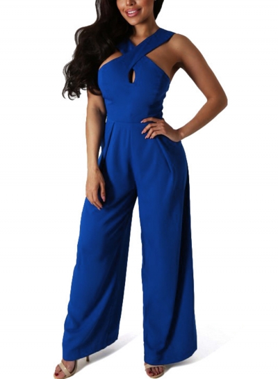 Blue Women's Strap Wrap Sleeveless Backless Wide Leg Jumpsuit With Zip STYLESIMO.com