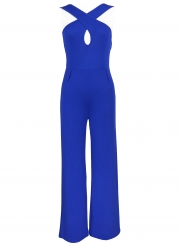 Blue Women's Strap Wrap Sleeveless Backless Wide Leg Jumpsuit With Zip
