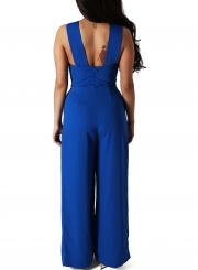 Blue Women's Strap Wrap Sleeveless Backless Wide Leg Jumpsuit With Zip