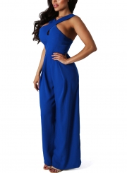 Blue Women's Strap Wrap Sleeveless Backless Wide Leg Jumpsuit With Zip