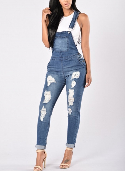 Casual Overalls Ripped Hole Pants Adjustable Strap Jumpsuit Jeans STYLESIMO.com