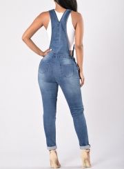 Casual Overalls Ripped Hole Pants Adjustable Strap Jumpsuit Jeans