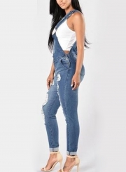 Casual Overalls Ripped Hole Pants Adjustable Strap Jumpsuit Jeans