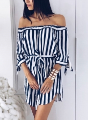 Navy Summer Striped Off Shoulder Half Sleeve Mini Dress