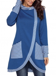 Blue Casual Striped Cowl Neck Long Sleeve Irregular Sweatshirt With Pockets