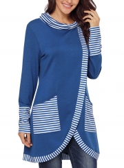 Blue Casual Striped Cowl Neck Long Sleeve Irregular Sweatshirt With Pockets