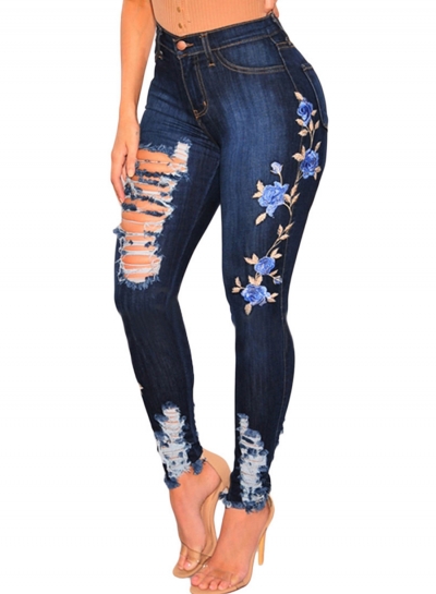Embroidered Destroyed Ripped Distressed High Waist Skim Fit Skinny Jeans STYLESIMO.com