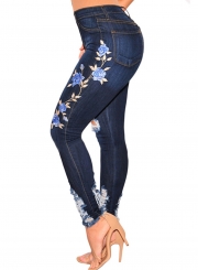 Embroidered Destroyed Ripped Distressed High Waist Skim Fit Skinny Jeans