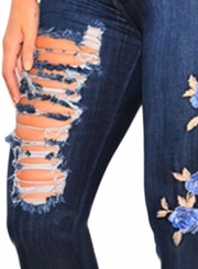 Embroidered Destroyed Ripped Distressed High Waist Skim Fit Skinny Jeans