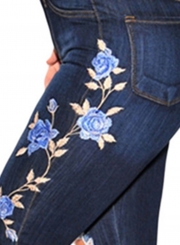 Embroidered Destroyed Ripped Distressed High Waist Skim Fit Skinny Jeans